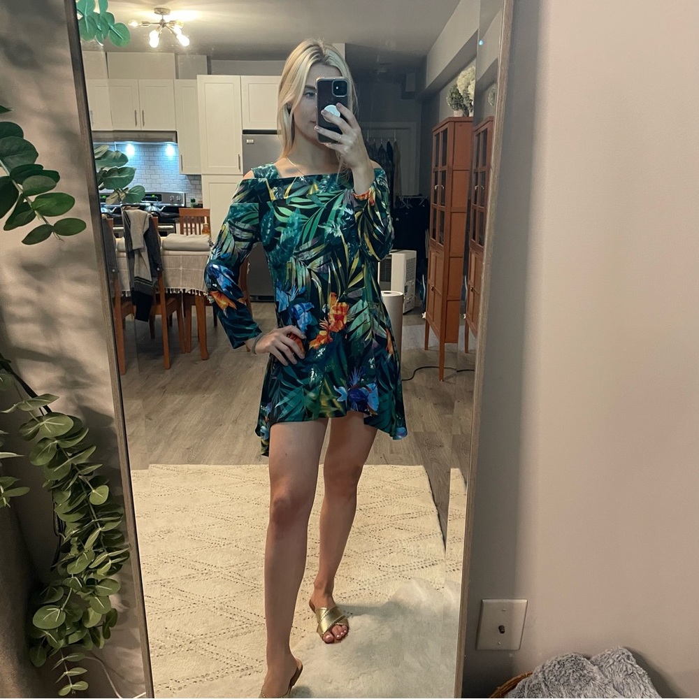 Monroe & Main Tropical Palm Tree Cold Shoulder Top or Mini Dress